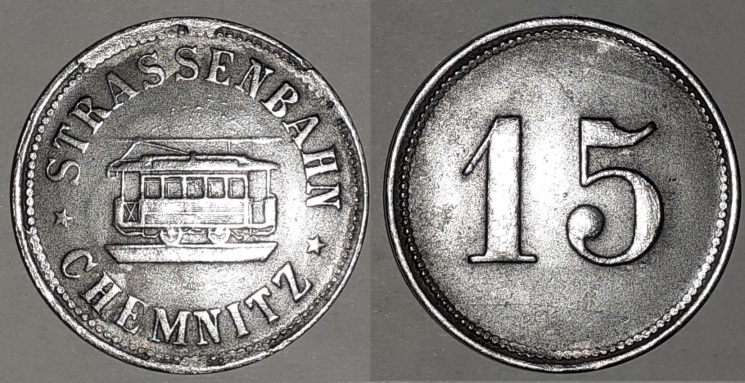 Groes Bild: Fahrmarke 15 Reichspfennig Straenbahn Chemnitz, ca. 1920er Jahre