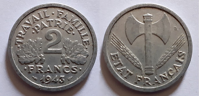 Groes Bild: 2 Francs 1943 Vichy-Regime
