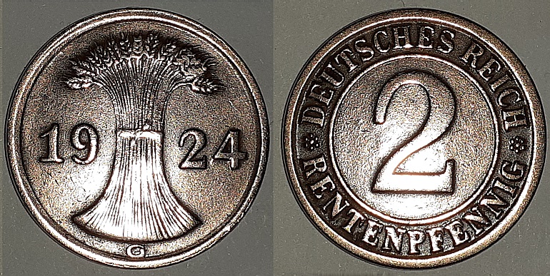 Groes Bild: 2 Rentenpfennig 1924 Deutsches Reich (Weimarer Republik)