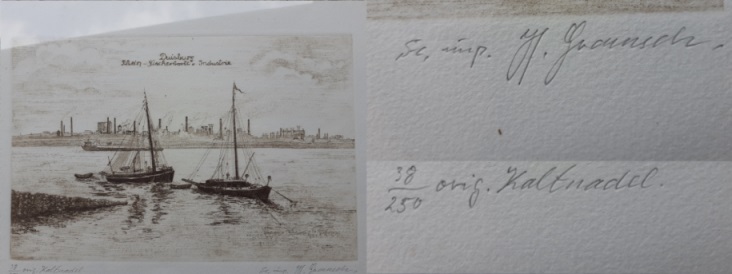 Hans-Joachim Gramsch - Kaltnadel-Radierung Duisburg Rhein-Fischerboote u. Industrie, ca. 50/60er Jahre