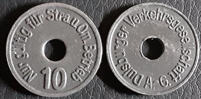 Notgeld Wertmarke 10 Reichspfennig 1947 – 1948 Duisburger Verkehrsgesellschaft A.-G. Nur gültig für Str. u. Om. Betrieb - Coin Token