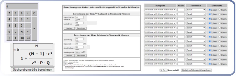 Kategorienbild On line-Rechner - Gabionenrechner, Akku-Rechner, Entfernungsrechner, Stichprobenrechner